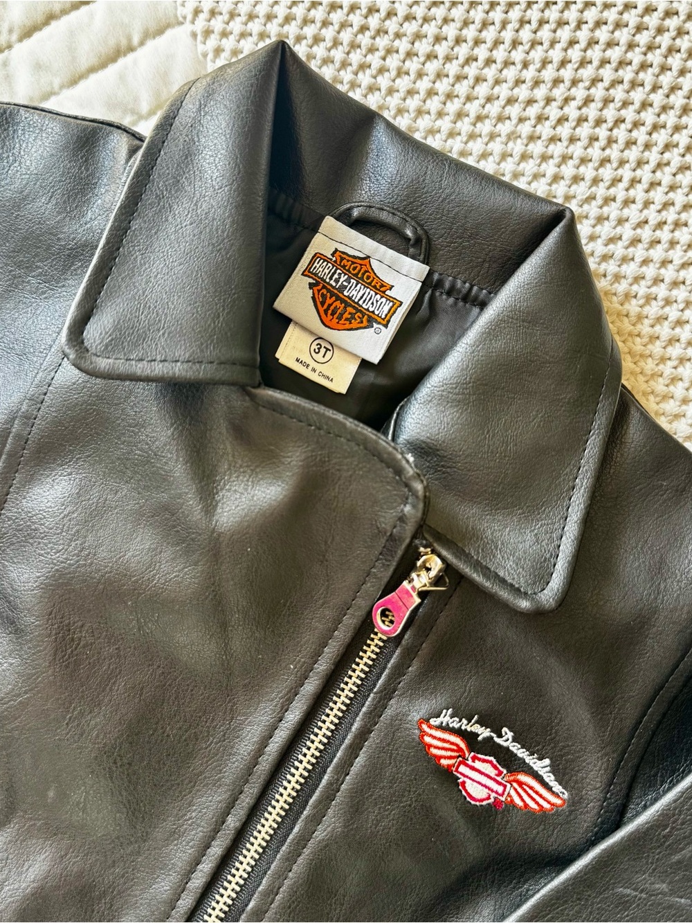 Harley Davidson Faux Leather Embroidered Motorcycle Jacket, Black – 3T Girl - Picture 3 of 8